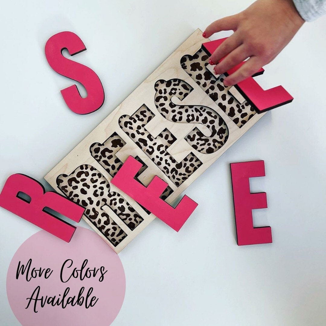 Cheetah Print Wood Engraved Name Puzzle| Personalized Toddler Gift| Montessori Toys| Natural Wood| Laser Engraved| Nursery