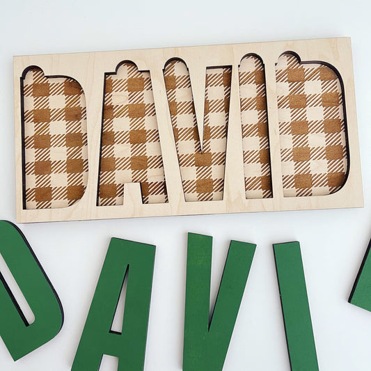 Buffalo Check Wood Engraved Name Puzzle | Toddler Gift| Baby| Nursery Decor